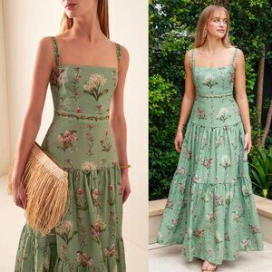 Agua by Agua Bendita Lima Orquidea Green Embroidered Floral Maxi Dress Size M
